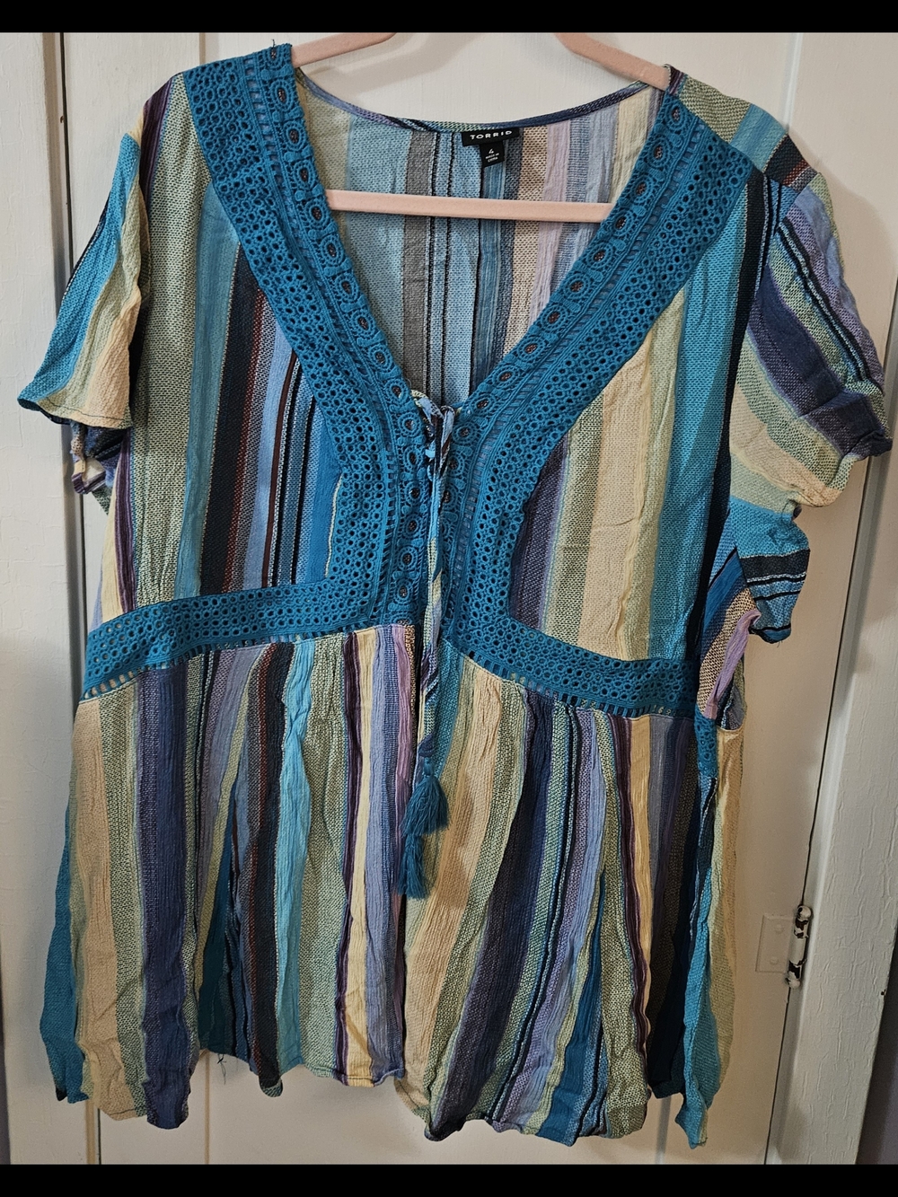 torrid Teal Multicolor Striped Tie-Front Peasant Top